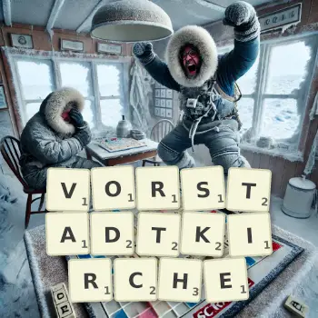 Kreative Illustration für ein Scrabble-Spiel, bei dem das Wort VORSTADTKIRCHE mit Steinen auf dem Brett gelegt wurde.