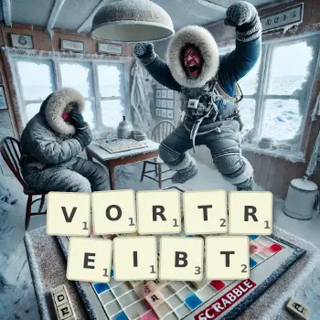 Kreative Illustration für ein Scrabble-Spiel, bei dem das Wort VORTREIBT mit Steinen auf dem Brett gelegt wurde.