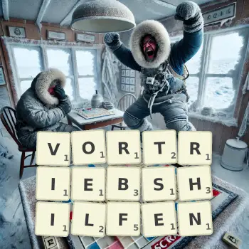 Kreative Illustration für ein Scrabble-Spiel, bei dem das Wort VORTRIEBSHILFEN mit Steinen auf dem Brett gelegt wurde.