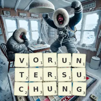 Kreative Illustration für ein Scrabble-Spiel, bei dem das Wort VORUNTERSUCHUNG mit Steinen auf dem Brett gelegt wurde.
