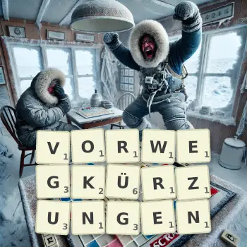 Kreative Illustration für ein Scrabble-Spiel, bei dem das Wort VORWEGKÜRZUNGEN mit Steinen auf dem Brett gelegt wurde.