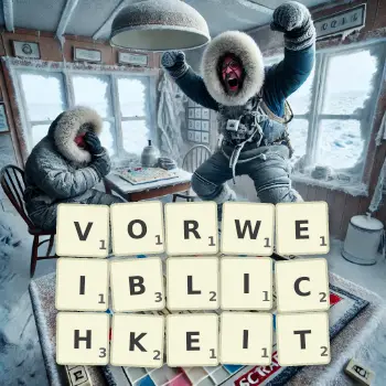 Kreative Illustration für ein Scrabble-Spiel, bei dem das Wort VORWEIBLICHKEIT mit Steinen auf dem Brett gelegt wurde.