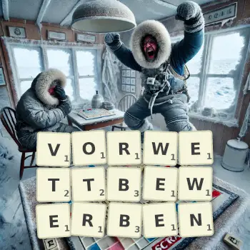 Kreative Illustration für ein Scrabble-Spiel, bei dem das Wort VORWETTBEWERBEN mit Steinen auf dem Brett gelegt wurde.
