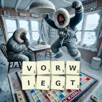 Kreative Illustration für ein Scrabble-Spiel, bei dem das Wort VORWIEGT mit Steinen auf dem Brett gelegt wurde.