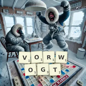 Kreative Illustration für ein Scrabble-Spiel, bei dem das Wort VORWOGT mit Steinen auf dem Brett gelegt wurde.