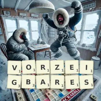 Kreative Illustration für ein Scrabble-Spiel, bei dem das Wort VORZEIGBARES mit Steinen auf dem Brett gelegt wurde.