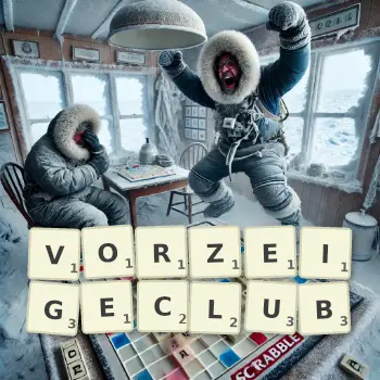 Kreative Illustration für ein Scrabble-Spiel, bei dem das Wort VORZEIGECLUB mit Steinen auf dem Brett gelegt wurde.
