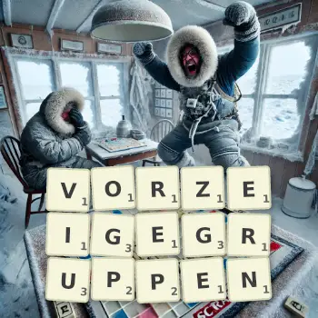 Kreative Illustration für ein Scrabble-Spiel, bei dem das Wort VORZEIGEGRUPPEN mit Steinen auf dem Brett gelegt wurde.