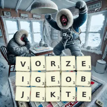 Kreative Illustration für ein Scrabble-Spiel, bei dem das Wort VORZEIGEOBJEKTE mit Steinen auf dem Brett gelegt wurde.