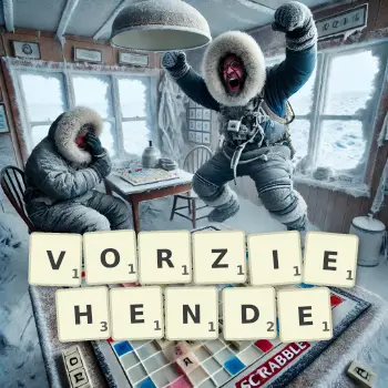 Kreative Illustration für ein Scrabble-Spiel, bei dem das Wort VORZIEHENDE mit Steinen auf dem Brett gelegt wurde.