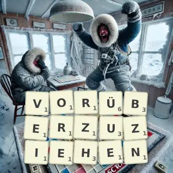 Kreative Illustration für ein Scrabble-Spiel, bei dem das Wort VORÜBERZUZIEHEN mit Steinen auf dem Brett gelegt wurde.