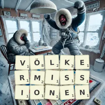 Kreative Illustration für ein Scrabble-Spiel, bei dem das Wort VÖLKERMISSIONEN mit Steinen auf dem Brett gelegt wurde.