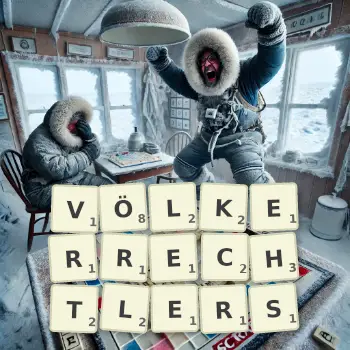 Kreative Illustration für ein Scrabble-Spiel, bei dem das Wort VÖLKERRECHTLERS mit Steinen auf dem Brett gelegt wurde.