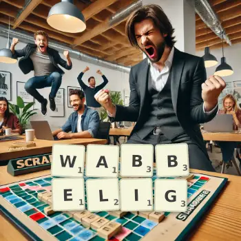 Kreative Illustration für ein Scrabble-Spiel, bei dem das Wort WABBELIG mit Steinen auf dem Brett gelegt wurde.