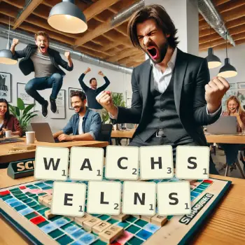 Kreative Illustration für ein Scrabble-Spiel, bei dem das Wort WACHSELNS mit Steinen auf dem Brett gelegt wurde.