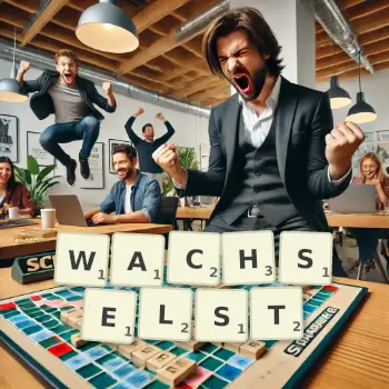 Kreative Illustration für ein Scrabble-Spiel, bei dem das Wort WACHSELST mit Steinen auf dem Brett gelegt wurde.