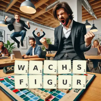 Kreative Illustration für ein Scrabble-Spiel, bei dem das Wort WACHSFIGUR mit Steinen auf dem Brett gelegt wurde.