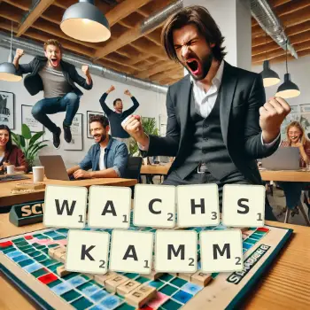 Kreative Illustration für ein Scrabble-Spiel, bei dem das Wort WACHSKAMM mit Steinen auf dem Brett gelegt wurde.
