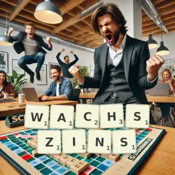 Kreative Illustration für ein Scrabble-Spiel, bei dem das Wort WACHSZINS mit Steinen auf dem Brett gelegt wurde.