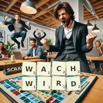 Kreative Illustration für ein Scrabble-Spiel, bei dem das Wort WACHWIRD mit Steinen auf dem Brett gelegt wurde.