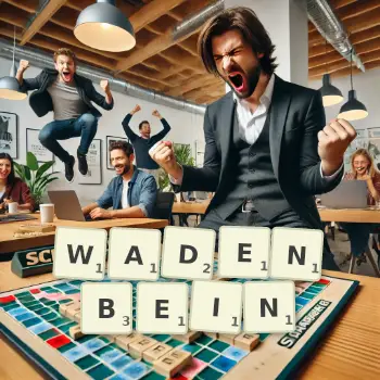 Kreative Illustration für ein Scrabble-Spiel, bei dem das Wort WADENBEIN mit Steinen auf dem Brett gelegt wurde.