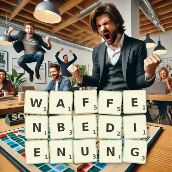Kreative Illustration für ein Scrabble-Spiel, bei dem das Wort WAFFENBEDIENUNG mit Steinen auf dem Brett gelegt wurde.