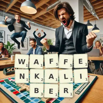 Kreative Illustration für ein Scrabble-Spiel, bei dem das Wort WAFFENKALIBER mit Steinen auf dem Brett gelegt wurde.