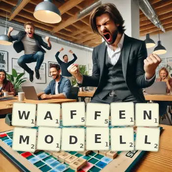 Kreative Illustration für ein Scrabble-Spiel, bei dem das Wort WAFFENMODELL mit Steinen auf dem Brett gelegt wurde.