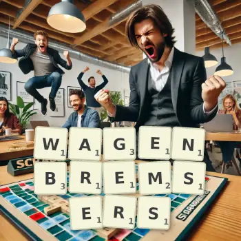 Kreative Illustration für ein Scrabble-Spiel, bei dem das Wort WAGENBREMSERS mit Steinen auf dem Brett gelegt wurde.