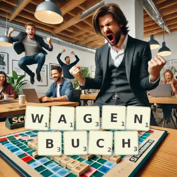Kreative Illustration für ein Scrabble-Spiel, bei dem das Wort WAGENBUCH mit Steinen auf dem Brett gelegt wurde.