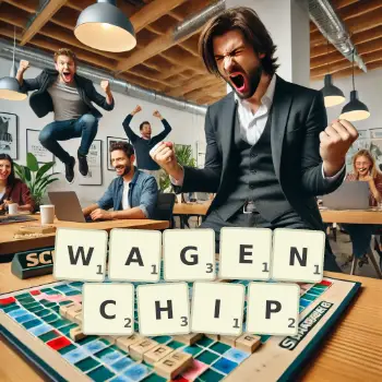 Kreative Illustration für ein Scrabble-Spiel, bei dem das Wort WAGENCHIP mit Steinen auf dem Brett gelegt wurde.