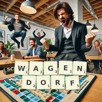 Kreative Illustration für ein Scrabble-Spiel, bei dem das Wort WAGENDORF mit Steinen auf dem Brett gelegt wurde.
