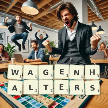 Kreative Illustration für ein Scrabble-Spiel, bei dem das Wort WAGENHALTERS mit Steinen auf dem Brett gelegt wurde.