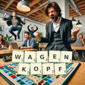Kreative Illustration für ein Scrabble-Spiel, bei dem das Wort WAGENKOPF mit Steinen auf dem Brett gelegt wurde.
