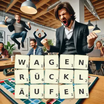 Kreative Illustration für ein Scrabble-Spiel, bei dem das Wort WAGENRÜCKLÄUFEN mit Steinen auf dem Brett gelegt wurde.