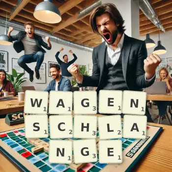 Kreative Illustration für ein Scrabble-Spiel, bei dem das Wort WAGENSCHLANGE mit Steinen auf dem Brett gelegt wurde.