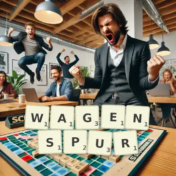 Kreative Illustration für ein Scrabble-Spiel, bei dem das Wort WAGENSPUR mit Steinen auf dem Brett gelegt wurde.