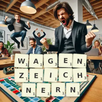 Kreative Illustration für ein Scrabble-Spiel, bei dem das Wort WAGENZEICHNERN mit Steinen auf dem Brett gelegt wurde.