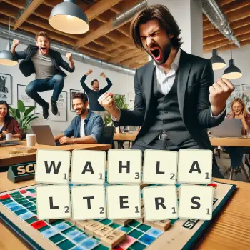 Kreative Illustration für ein Scrabble-Spiel, bei dem das Wort WAHLALTERS mit Steinen auf dem Brett gelegt wurde.