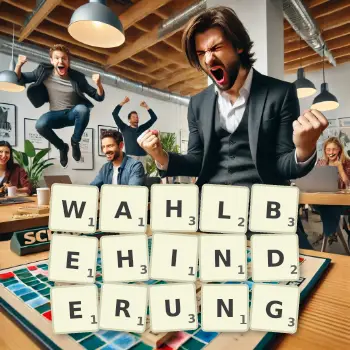 Kreative Illustration für ein Scrabble-Spiel, bei dem das Wort WAHLBEHINDERUNG mit Steinen auf dem Brett gelegt wurde.