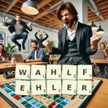 Kreative Illustration für ein Scrabble-Spiel, bei dem das Wort WAHLFEHLER mit Steinen auf dem Brett gelegt wurde.