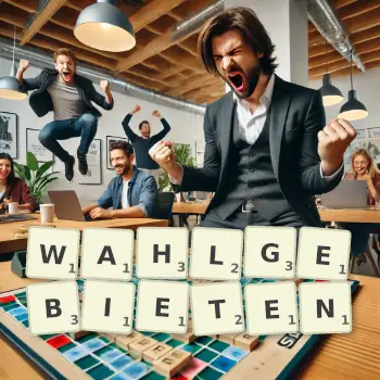 Kreative Illustration für ein Scrabble-Spiel, bei dem das Wort WAHLGEBIETEN mit Steinen auf dem Brett gelegt wurde.