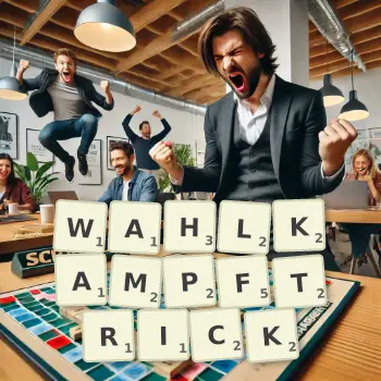 Kreative Illustration für ein Scrabble-Spiel, bei dem das Wort WAHLKAMPFTRICK mit Steinen auf dem Brett gelegt wurde.