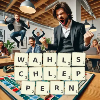 Kreative Illustration für ein Scrabble-Spiel, bei dem das Wort WAHLSCHLEPPERN mit Steinen auf dem Brett gelegt wurde.
