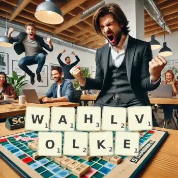 Kreative Illustration für ein Scrabble-Spiel, bei dem das Wort WAHLVOLKE mit Steinen auf dem Brett gelegt wurde.