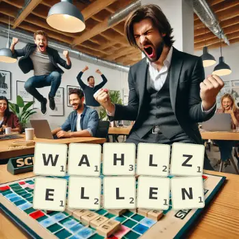 Kreative Illustration für ein Scrabble-Spiel, bei dem das Wort WAHLZELLEN mit Steinen auf dem Brett gelegt wurde.