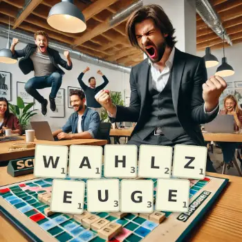 Kreative Illustration für ein Scrabble-Spiel, bei dem das Wort WAHLZEUGE mit Steinen auf dem Brett gelegt wurde.