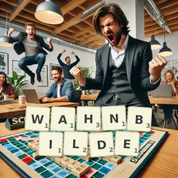 Kreative Illustration für ein Scrabble-Spiel, bei dem das Wort WAHNBILDE mit Steinen auf dem Brett gelegt wurde.