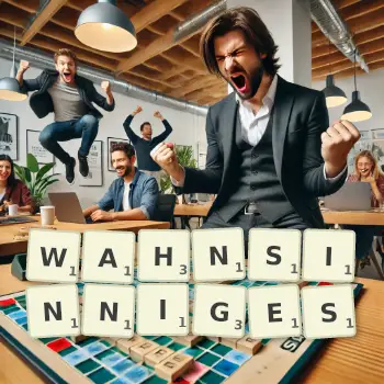 Kreative Illustration für ein Scrabble-Spiel, bei dem das Wort WAHNSINNIGES mit Steinen auf dem Brett gelegt wurde.