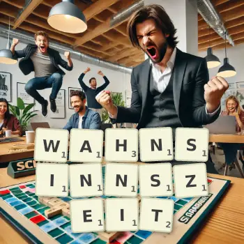 Kreative Illustration für ein Scrabble-Spiel, bei dem das Wort WAHNSINNSZEIT mit Steinen auf dem Brett gelegt wurde.